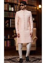 Jacquard Silk Peach Wedding Wear Hand Work Readymade Sherwani